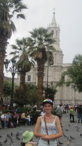 Arequipa a very affluent Peruvian town.  Bianca in front of the cathedral in the main square
