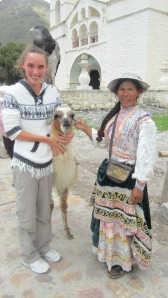 Chivay (again) Bianca with eagle on her shoulder and lama with local