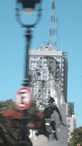 Evita depicted (n metal art work) on a building in Buenos Aires (photo taken from moving bus)