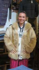 Bianca trying on a fur jacket - just for the fun of it.
